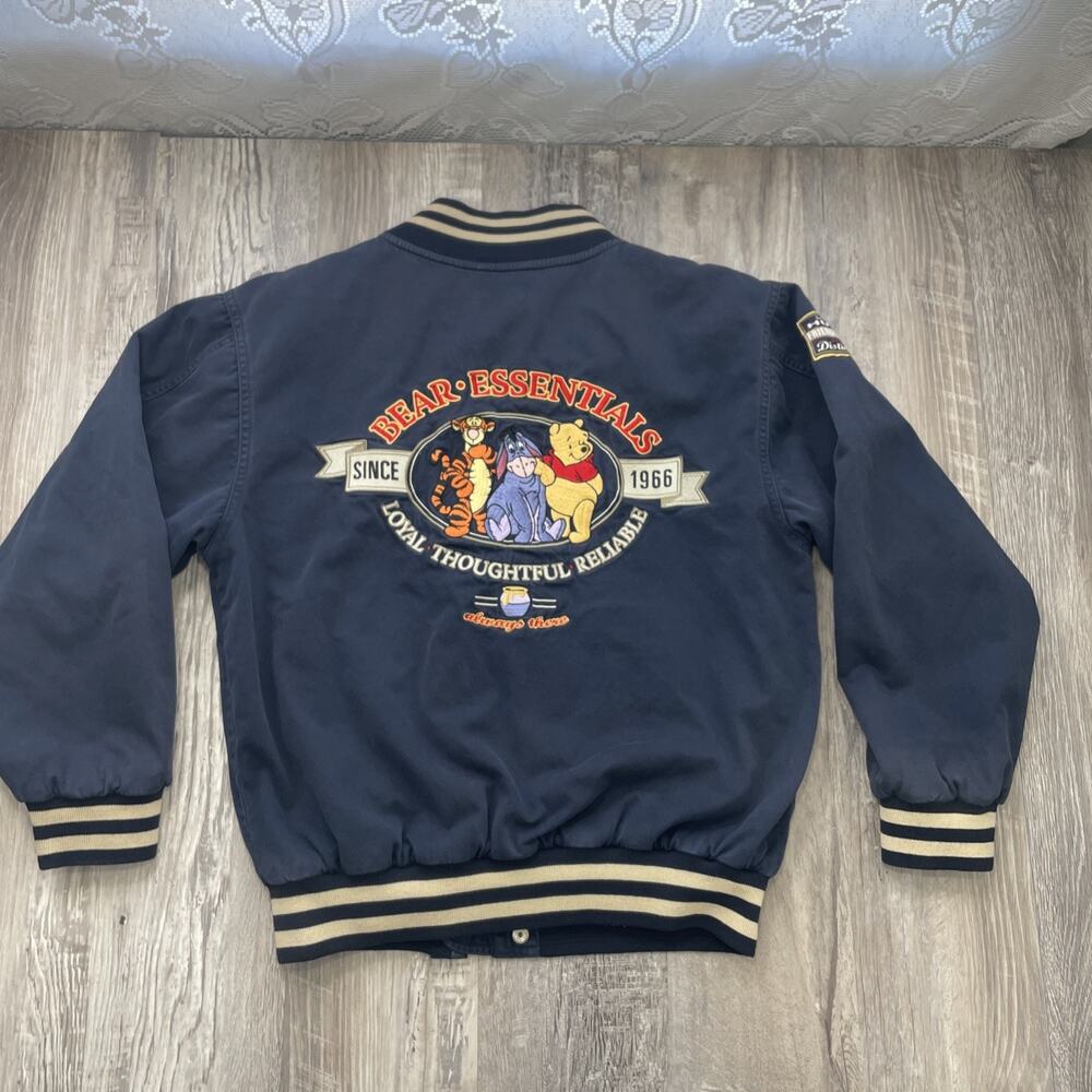 Disney Pooh Jacket Bomber Blue Snap Zip Bear Essentials Embroidered Vintage sz S - Picture 2 of 16